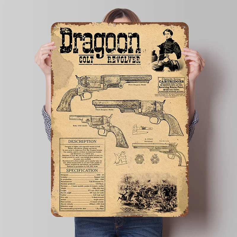 Colt Dragoon Revolver Printed Poster Customized Wall Art Retro Vintage Metal Tin Signs for Home Bar Accessories House Desk Decor