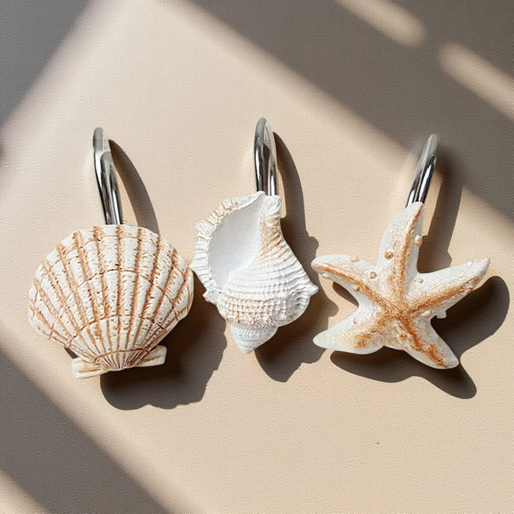 

12pcs Sea Star Conch Shell Shower Curtain Hooks White Brown Resin Decorative Bathroom Bedroom Living Room Metal Ring Home Decor
