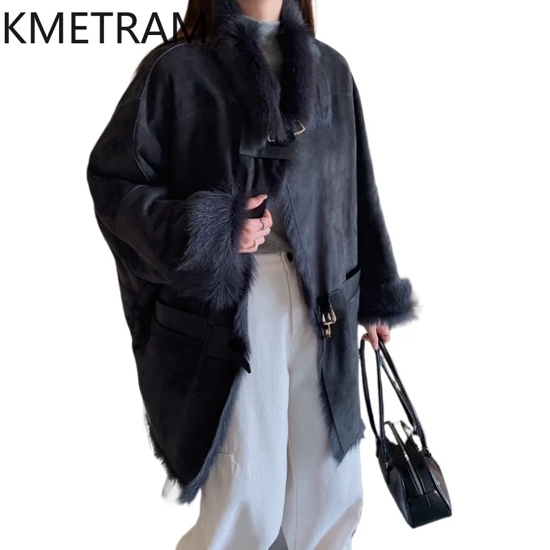 KMETRAM Real Goatskin with Wool Attached Jacket Women Luxury Dark Blue Fur Jackets 2025 New in Coats Winter Woman Clothing шуба