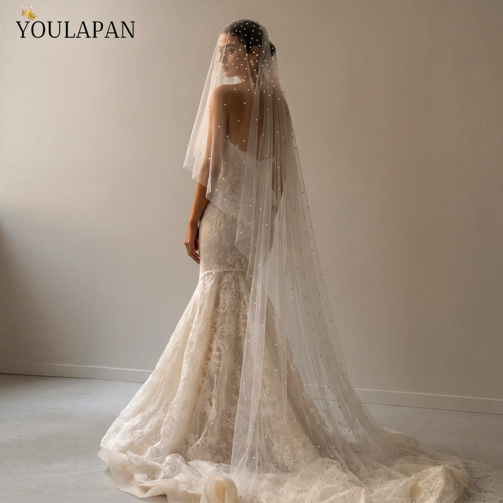 TOPQUEEN 2 Tier Pearls Wedding Veils Soft Bridal Veil Beaded Wedding Accessories 3m Cathedral Veil For Bride Customizable V357
