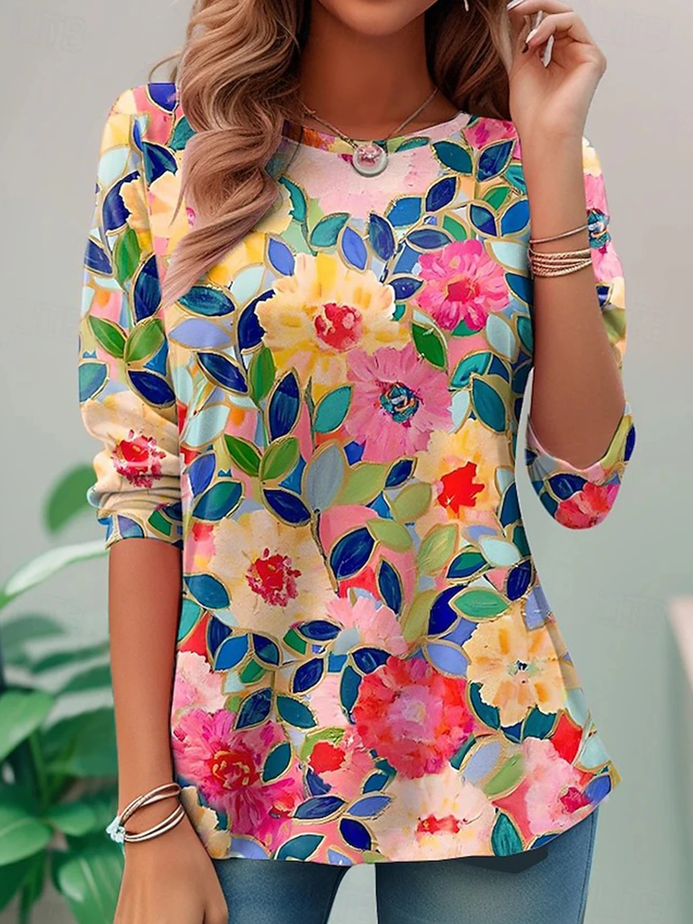 

Женская футболка 2025 с цветочным принтом, винтажные женские топы, повседневная футболка с длинным рукавом и круглым вырезом, повседневная нарядная туника, топ, блузки