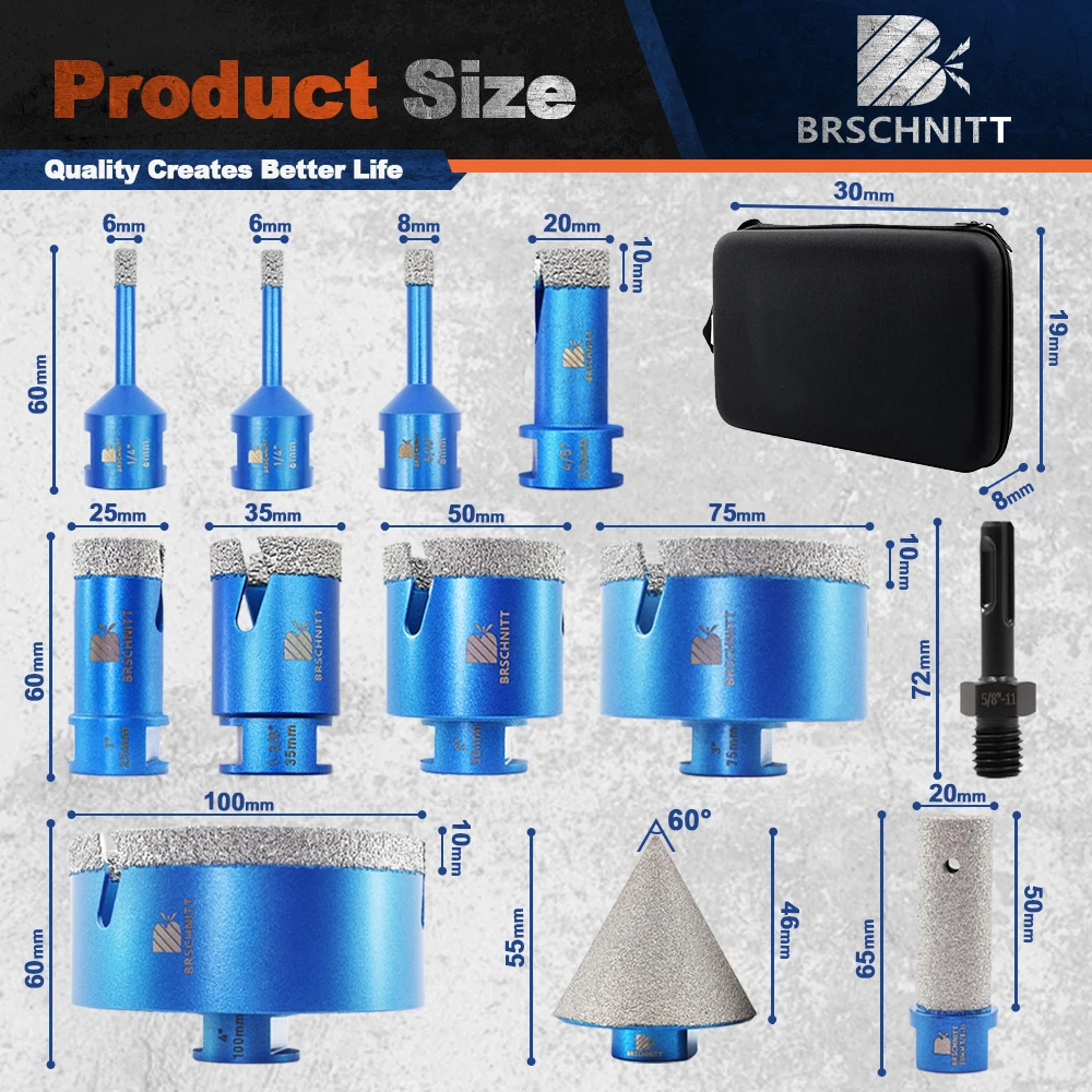 BRSCHNITT 12pcs Diamond Core Drill Bit Set 6-100mm Hole Saw for Tile Granite Marble Stone Milling Adapter