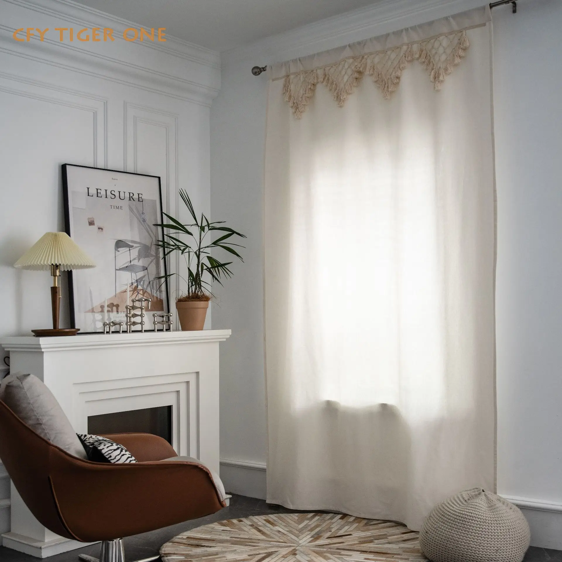 

Cotton Linen America Rural Thick Window Curtain Triangular Fringe Tassels Blackout Drapes for The Luxury Living Room Curtains