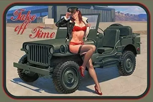 Tank Vintage Metall Blechschild Pinup Girl Take Off Time Lustiges amerikanisches Wwii Conscription Poster Bar Club Military Enthusiast Man