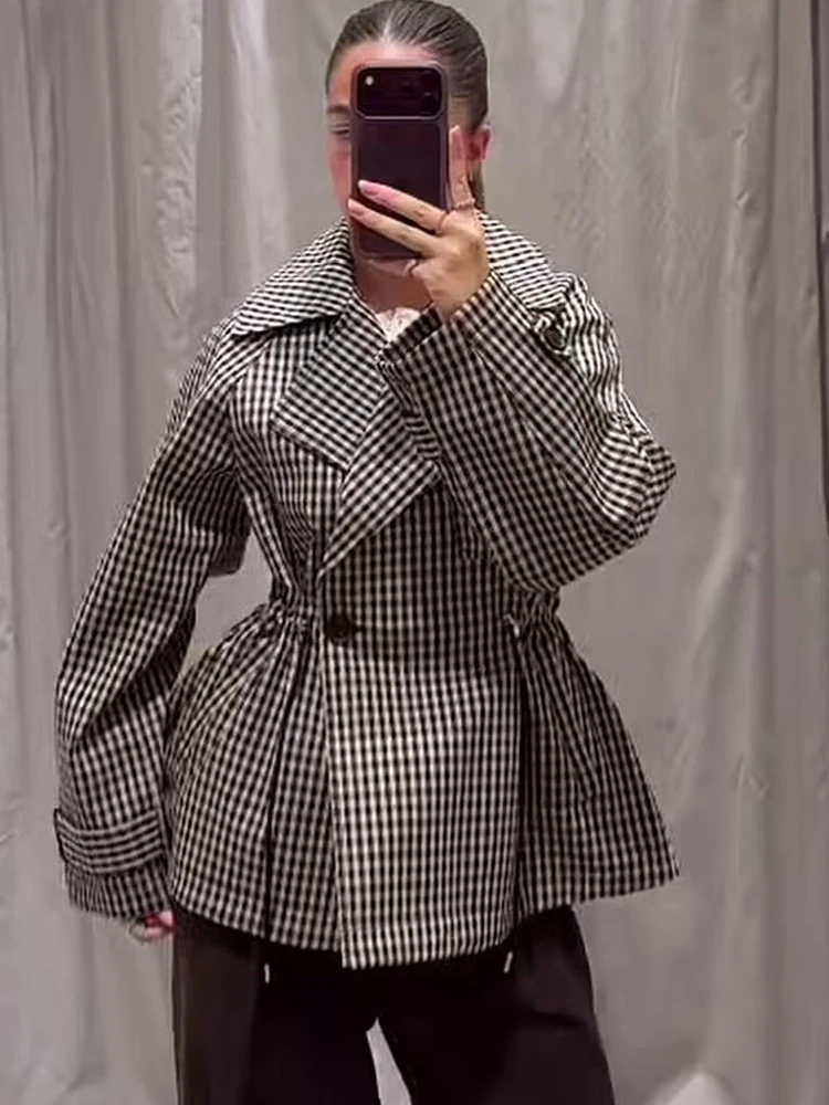 New Women's Jacket Autumn/Winter Retro Plaid Long-Sleeve Drawstring Waist Trench Coat Jacket Parka Casual Loose Fit Streetwear