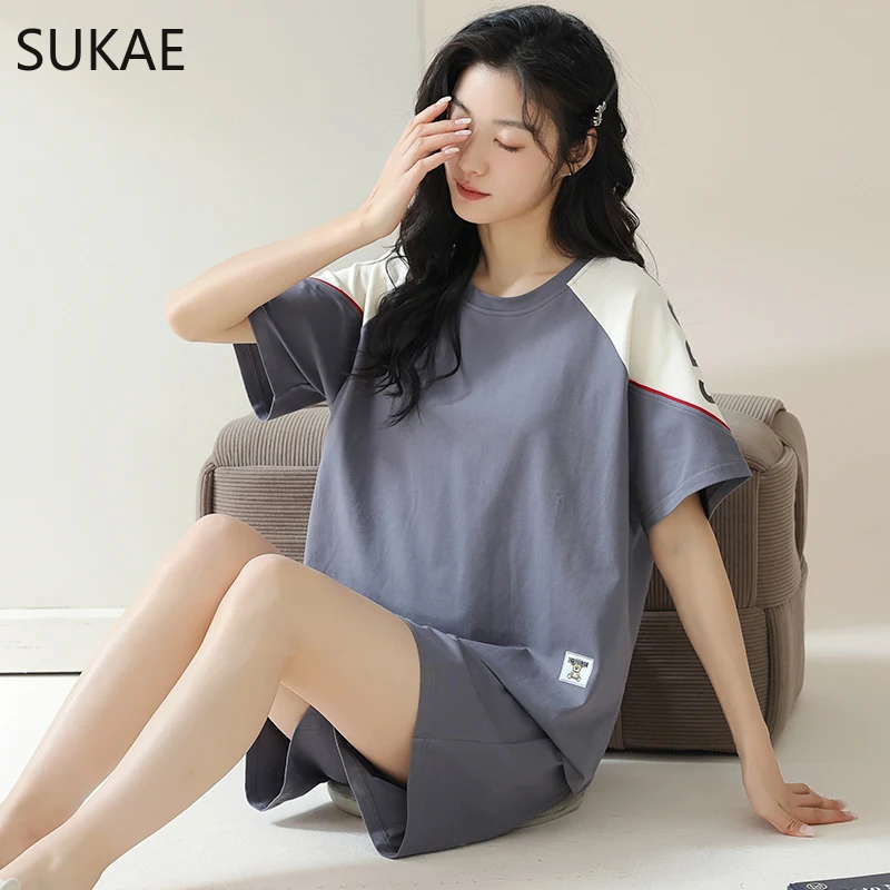 SUKAE Summer Women Shorts Cotton Nightwear Short Sleeves Pullover Leisure Lady Sleepwear Casual Pijamas Set Chic Woman Pajamas