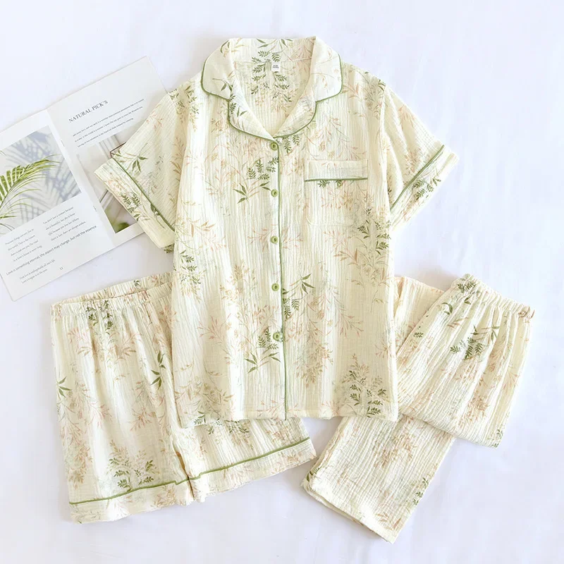

100% Cotton Gauze Women Pajama New Summer Women's Pajama Set Short sleeved long pants 2 Piece Summer Sleepwear Homewear