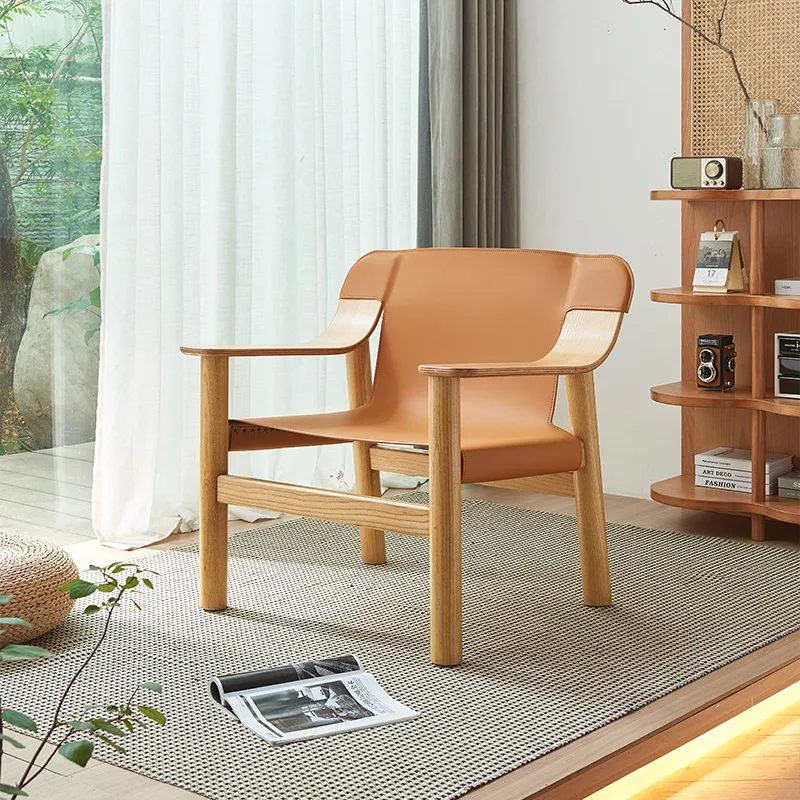 Wabi Sword Wind Saddle Leather Solid Wood Leisure Chair Home Simple Homestay Hotel Backrest Armrest Sofa Chair