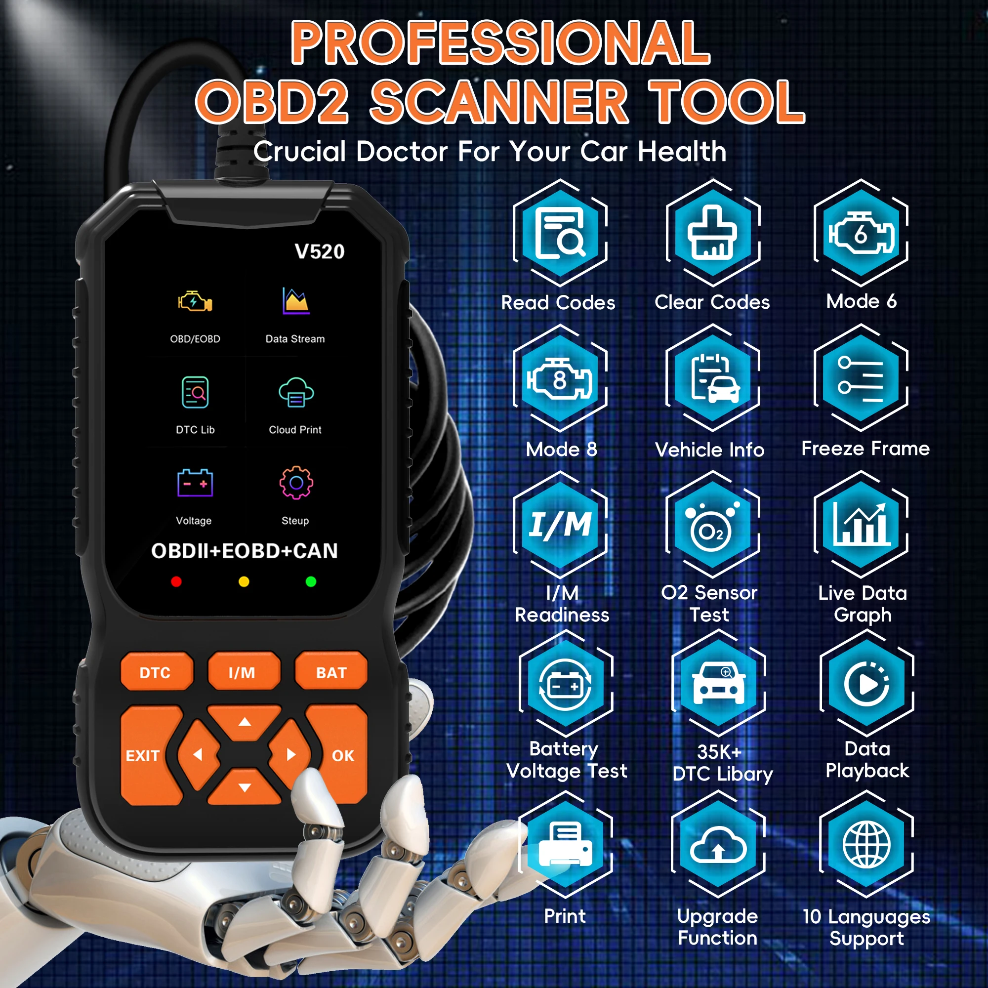 أداة تشخيص قارئ obd2 ، الماسح الضوئي لرمز السيارة obdii eobd فحص رمز خطأ ضوء المحرك ، أداة تشخيص بروتوكولات obd