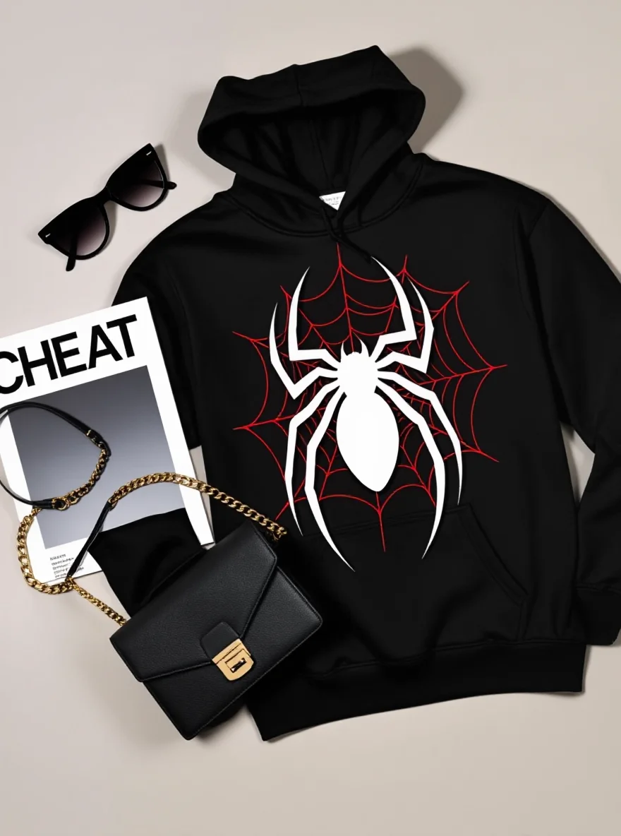 

Мужская черно-красная толстовка с капюшоном «Паутина», эластичный трикотаж, карман кенгуру, цифровой принт, Хэллоуин/Зима