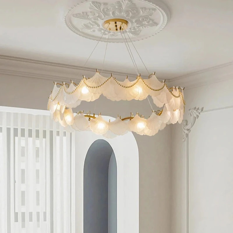 

French cream style living room chandelier warm bedroom lamp vintage ginkgo leaf crystal glass full spectrum main hall light