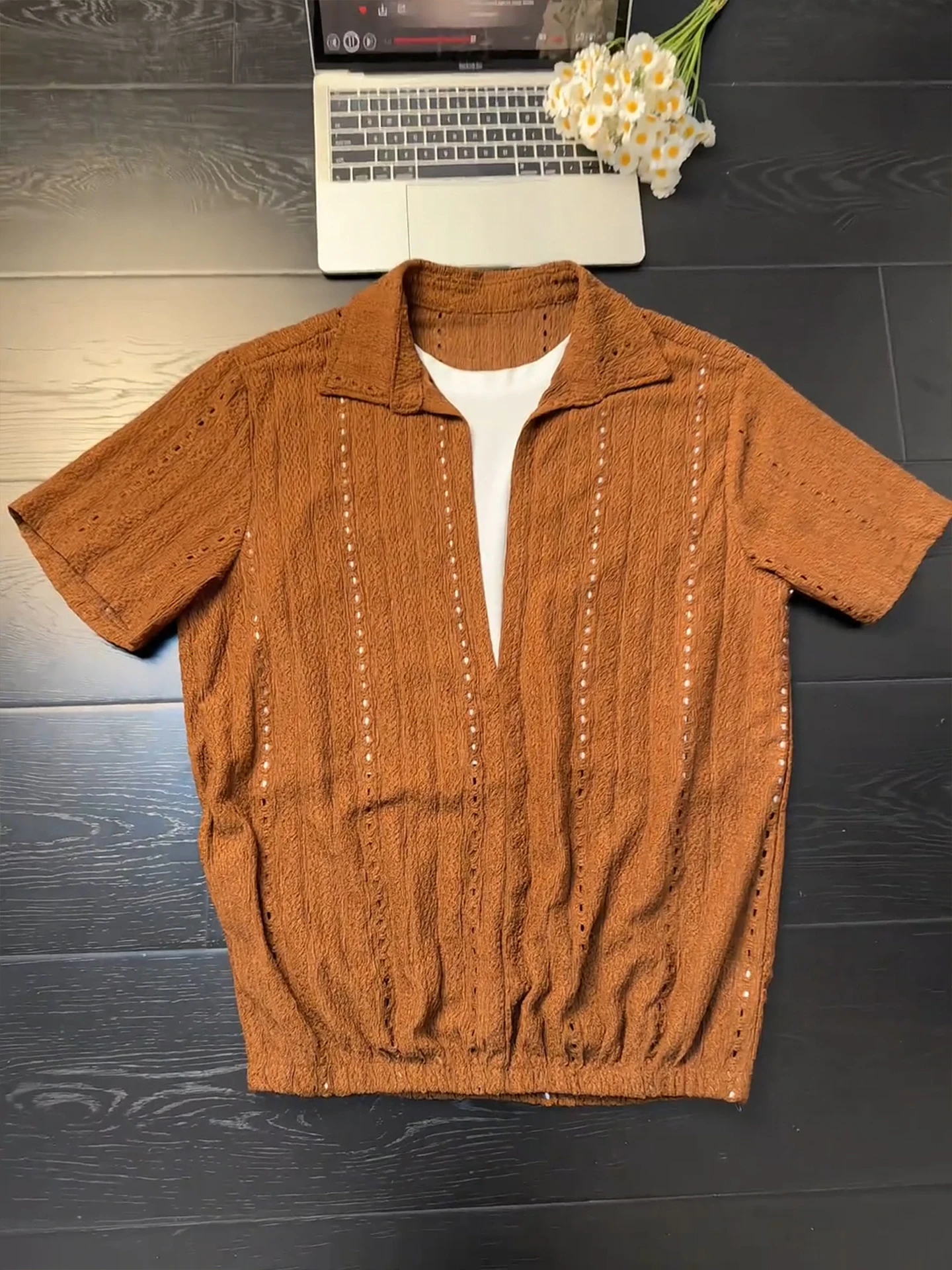 Lightweight Breathable Coffee American Style Hollow out Short Sleeve Men's Shirt Summer Thin Old Money Style T-Shirt Mesh Shirt