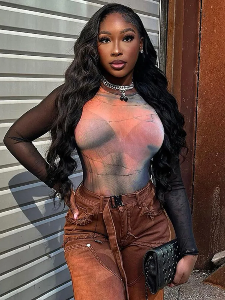 أزياء خمر طويلة الأكمام Bodycon قمم مثير س الرقبة ضئيلة حللا الجمالية شيك مطبوعة شبكة المرأة داخلية Y2K الشارع الشهير #5