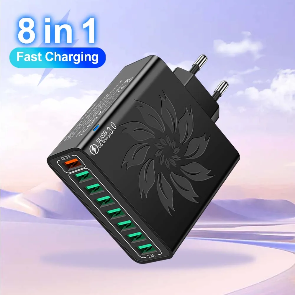 

Total 65W 8 Ports USB Charger Quick Charge EU/US/UK/KR Plug Fast Charger For iPhone Samsung Huawei Mobile Phone
