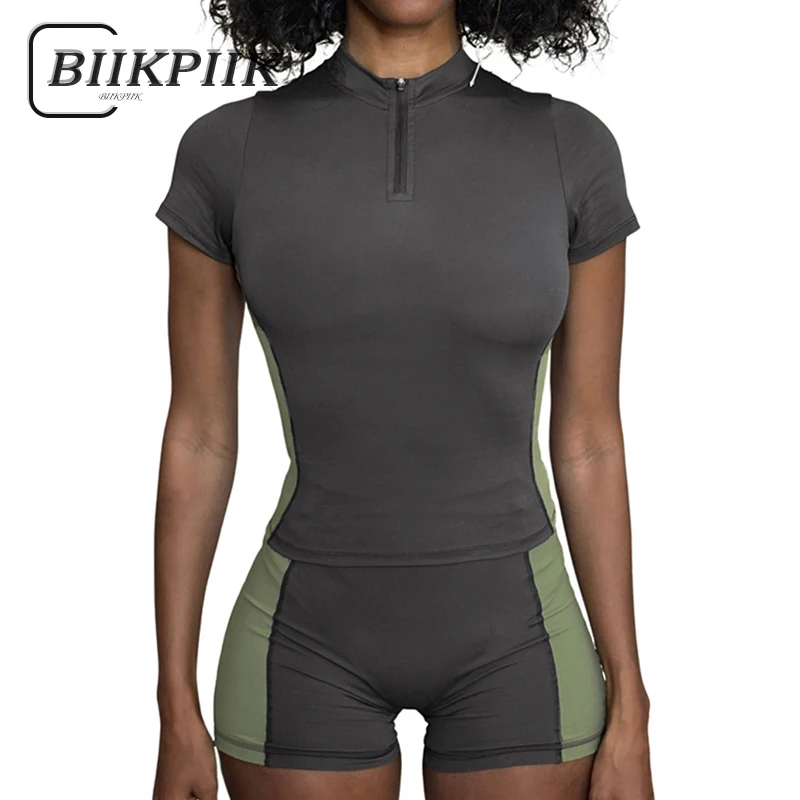 

BIIKPIIK Moto&biker Contrasting Shorts Sets Sporty Women Slim Fit Two Piece Suits Zipper Short Sleeve Tee + Elastic Waist Shorts