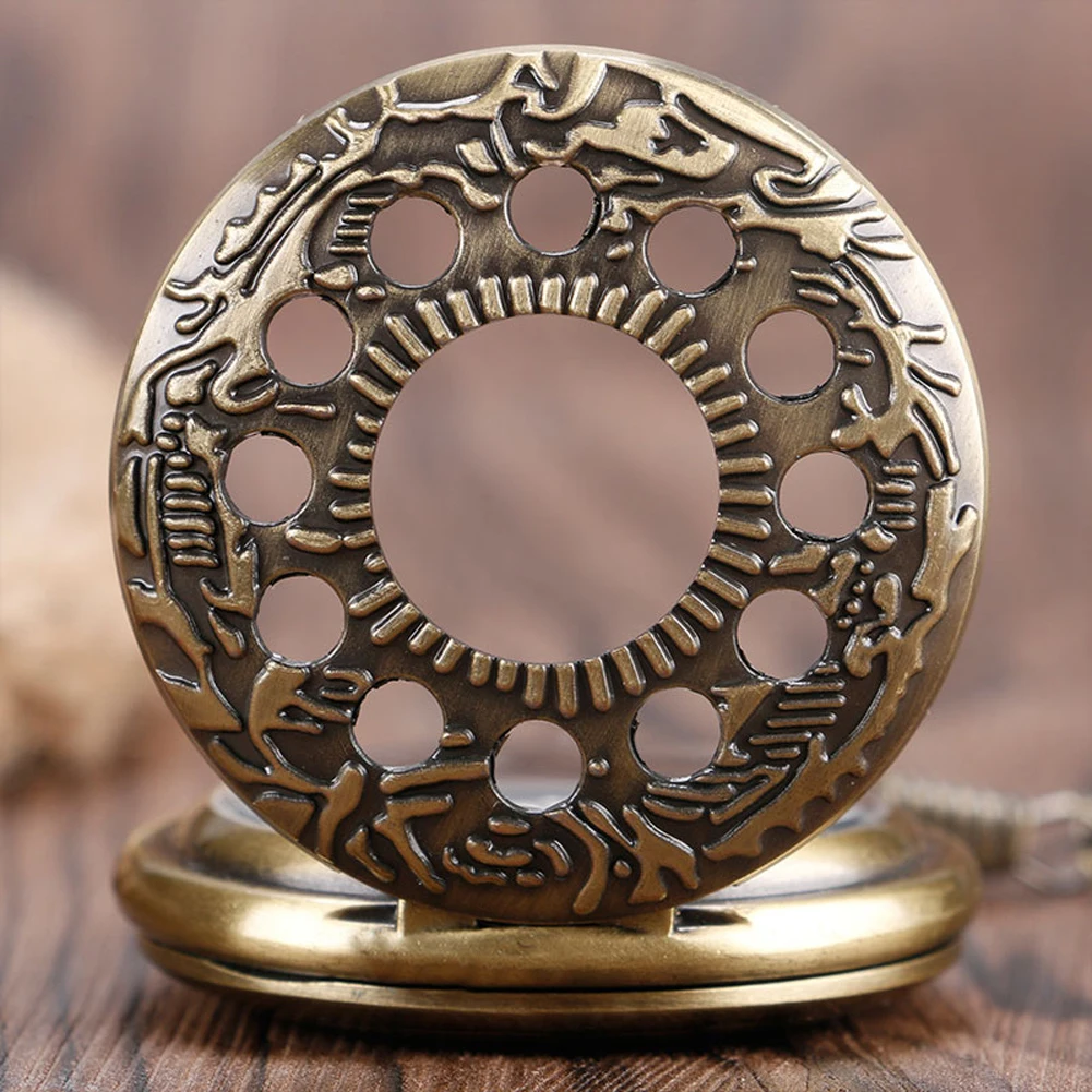 

Bronze Mechanical Hand Winding Pocket Watch Rose Gold Roman Numerals Dial Hollow Circles Design Half Hunter Pocket Clock Gift