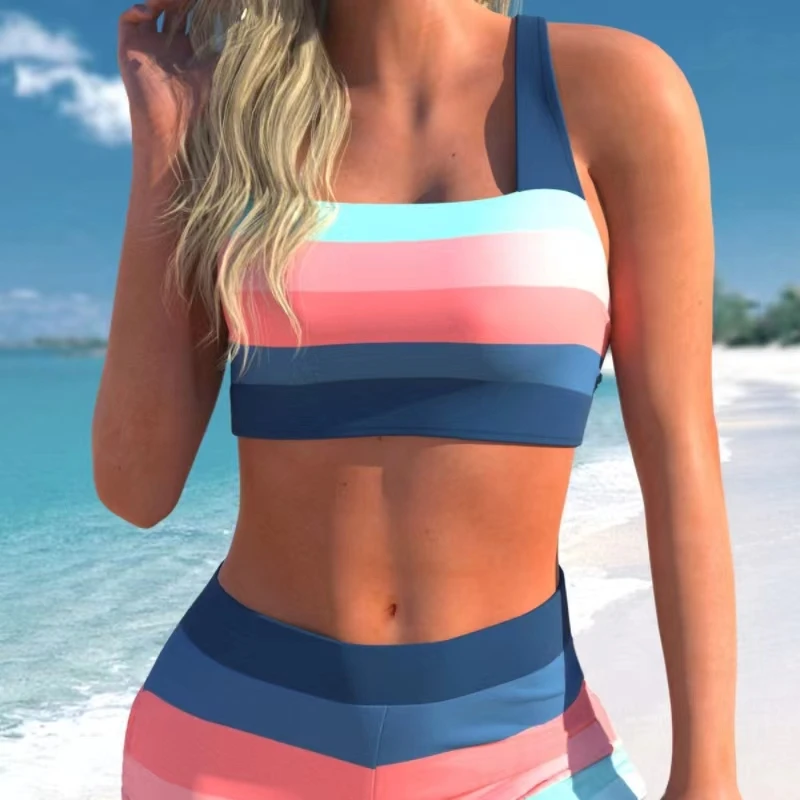 Sexy Split Swimsuit With Striped Shoulders Orange Back Sleeveless Bra High Waist Breathable And Comfortable Four-piece Suit