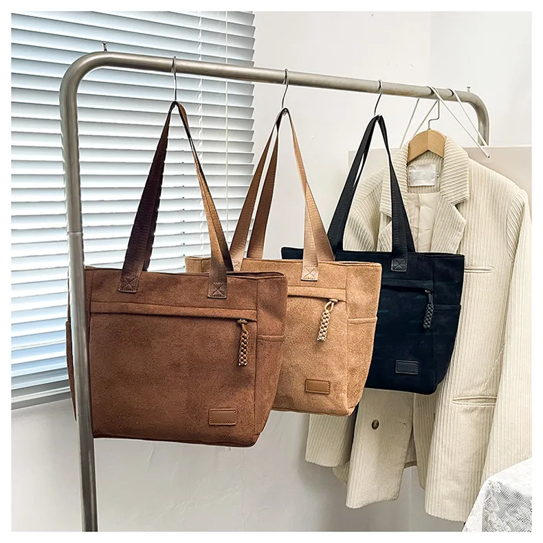 Custom Logo Vintage Suede Fabric Shoulder Tote Bag Multi Storage Pocket Drawstring Zipper Pocket Large Capacity Shopper Handbags