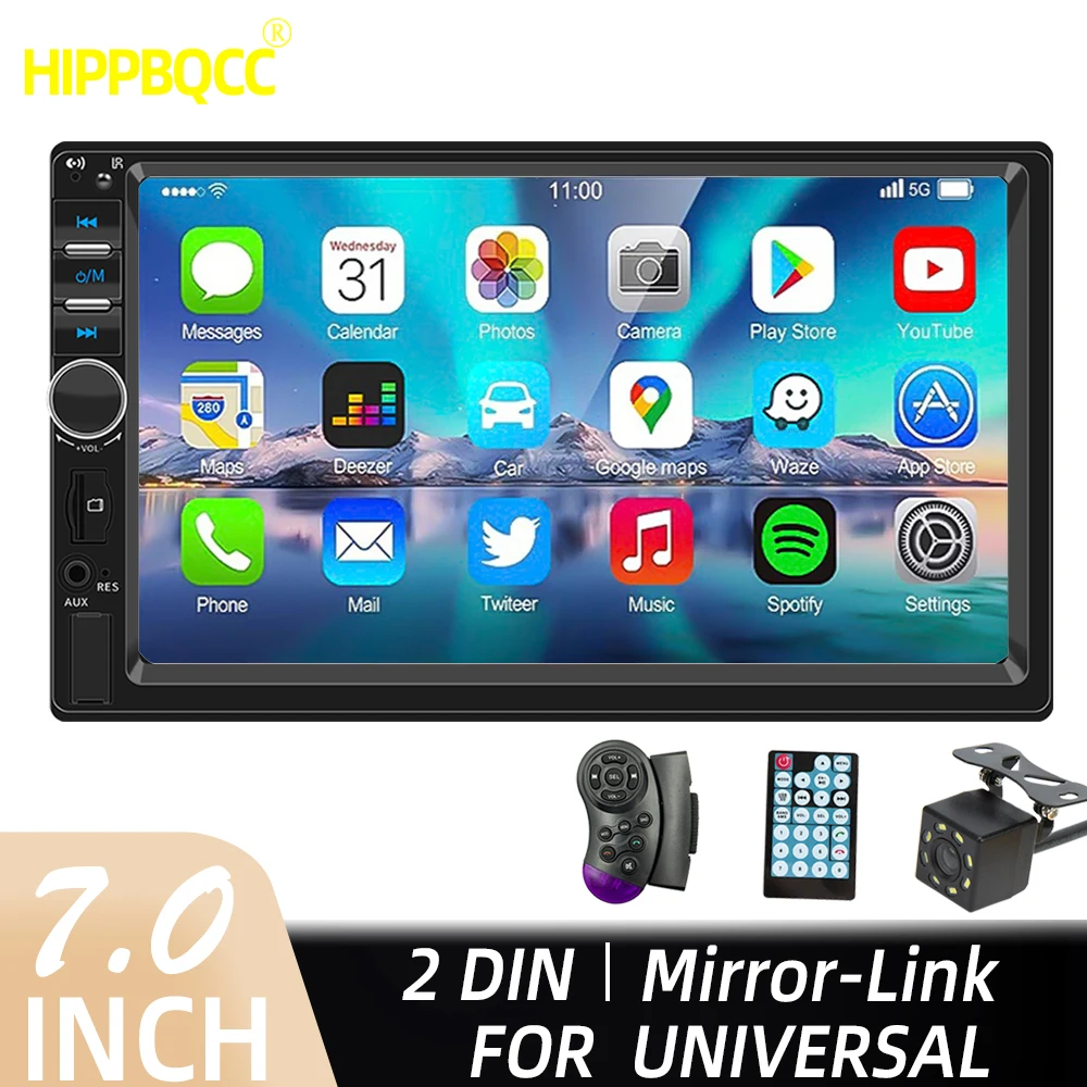 HIPPBQCC 2 Din Car Radio 7inch Multimedia Player Touch Screen Stereo Mirror Link/AUX input/BT/SWC/FM/USB/TF Card/RCA/1080P