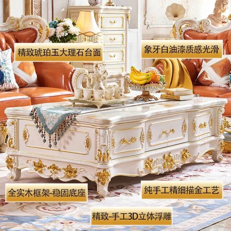 대리석 커피 테이블 길이 1.6미터 단단한 나무 TV 캐비닛 조합 화이트 골드 페인트 새겨진 거실