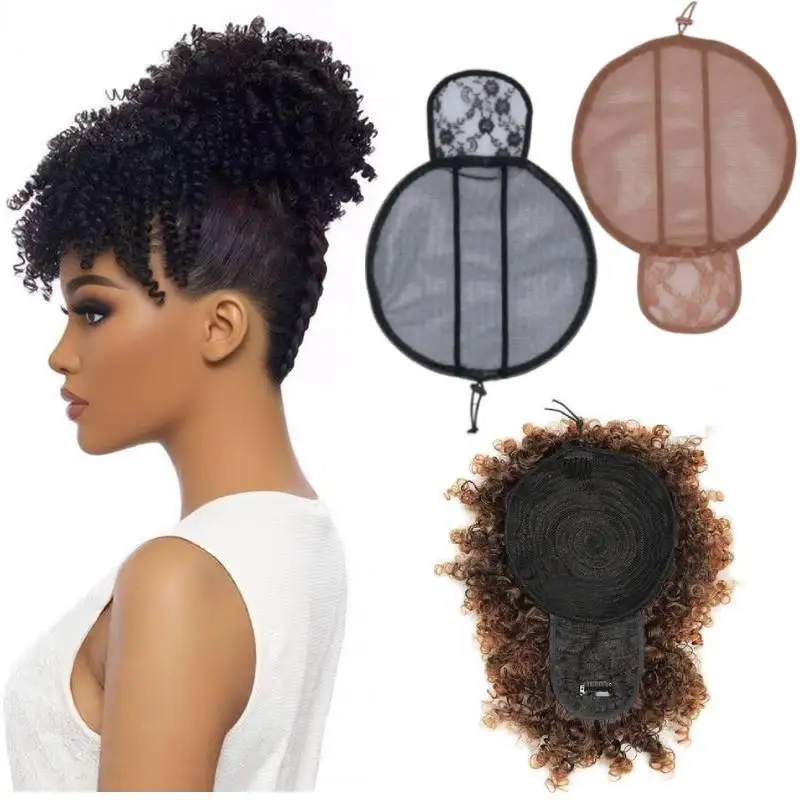 17/21cm Adjustable Drawstring Afro Puff Net Cap Curly Hair Bun Making Mesh for DIY Ponytail and African Hairstyles Styling Tool