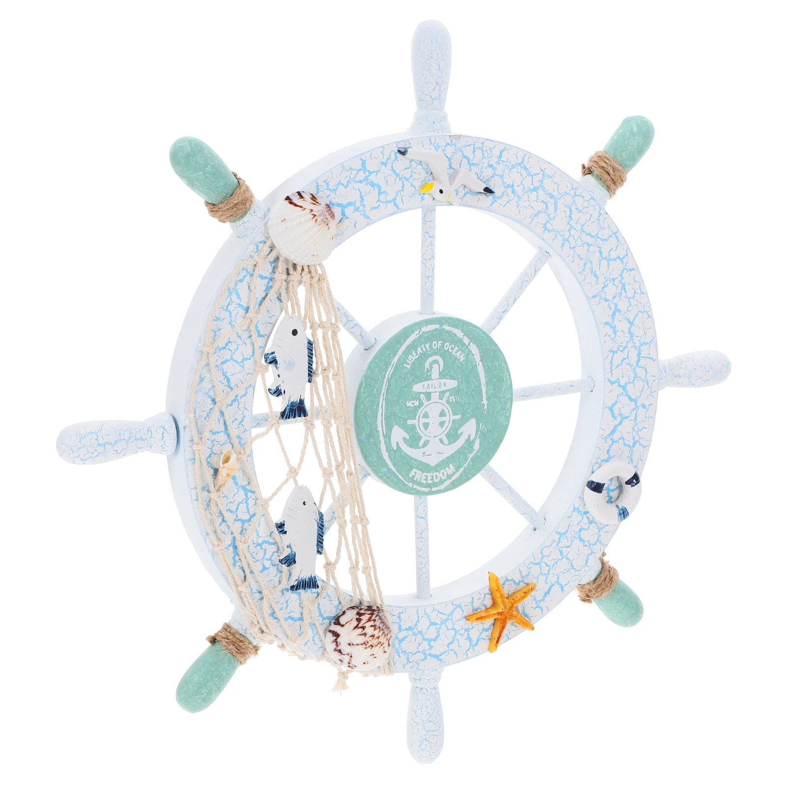 Nautical Wooden Ship Steering Wheel Boat Fish Pattern Wall Decor Home Beach Ornament 8 Spokes Light Blue White Easy Mounting