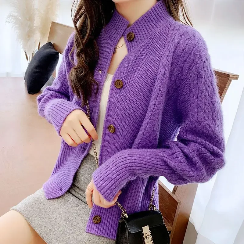 Autumn Winter Women\'s Cardigan Solid Long Sleeve Screw Thread Button Knitted Slim Fashion Stand Collar Sweater Coat for Female