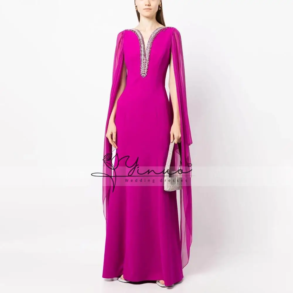 

customized Evening Dress Crystal V Neck Trumpet/Mermaid Evening Gowns for Women 2025Cloak Sleeves Floor Length Wedding Party D