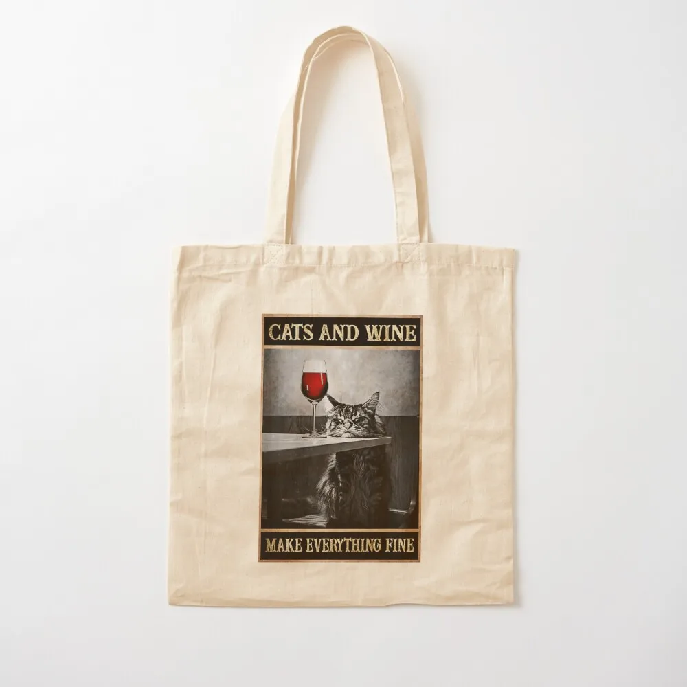 Cat And Wine Make Everything Fine Gift Main Con Cat Lovers Tote Bag bags luxury women Women's bags ecological bags