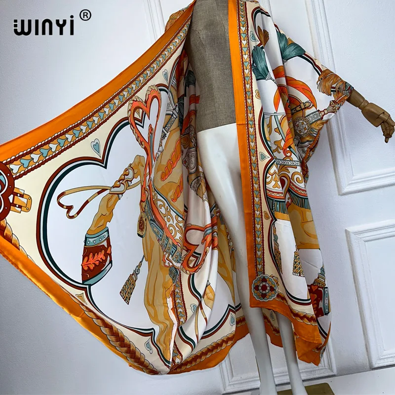 WINYI Summer fashion Beach new Geometric print Cover Up Boho Cardigan elegant Holiday Kimono beach outfits women kaftan dress