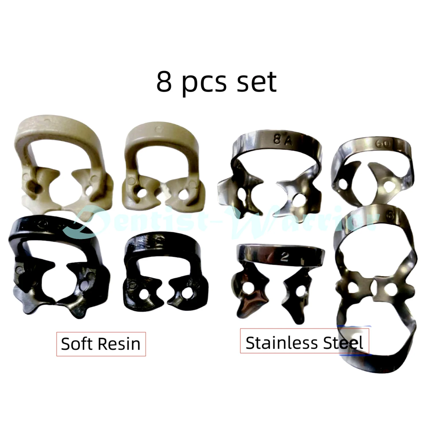 

8Pcs/lot Rubber Dam Clamps Clip Dental Barrier Clips Soft Resin Stainless Steel 8A# 2# 60# 6#