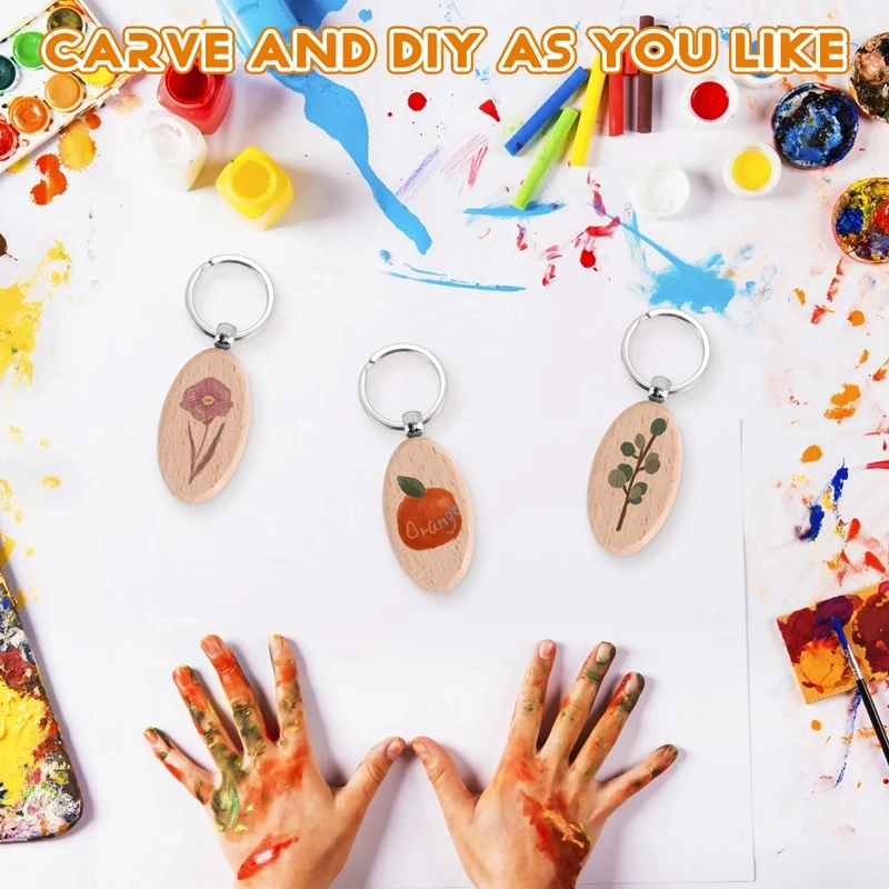 50 Pieces Wooden Keychain Oval Wood Engraving Blanks Unfinished Wooden Key Ring Key Tag for DIY Gift Crafts (Oval)-A51M