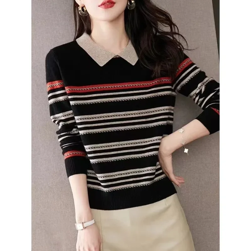 

Long Sleeve V-neck Loose Bottoming Shirt 2025 Autumn New Women Korean Stripe Fashion All-match Show Thinness Knitting Sweater