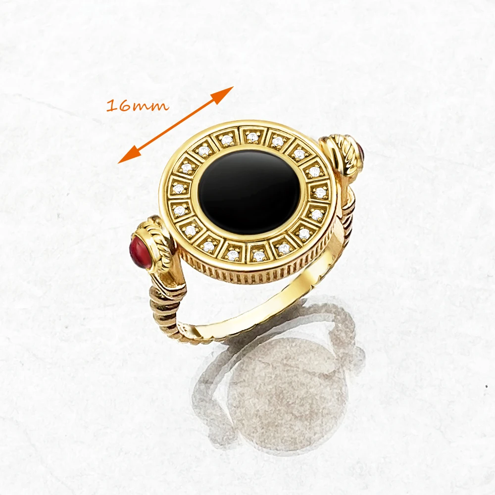 Ring Rotatable Coin with Black Onyx Europe Style Fine Jewerly For Women Summer Brand New Vintage Gift In 925 Sterling Silver