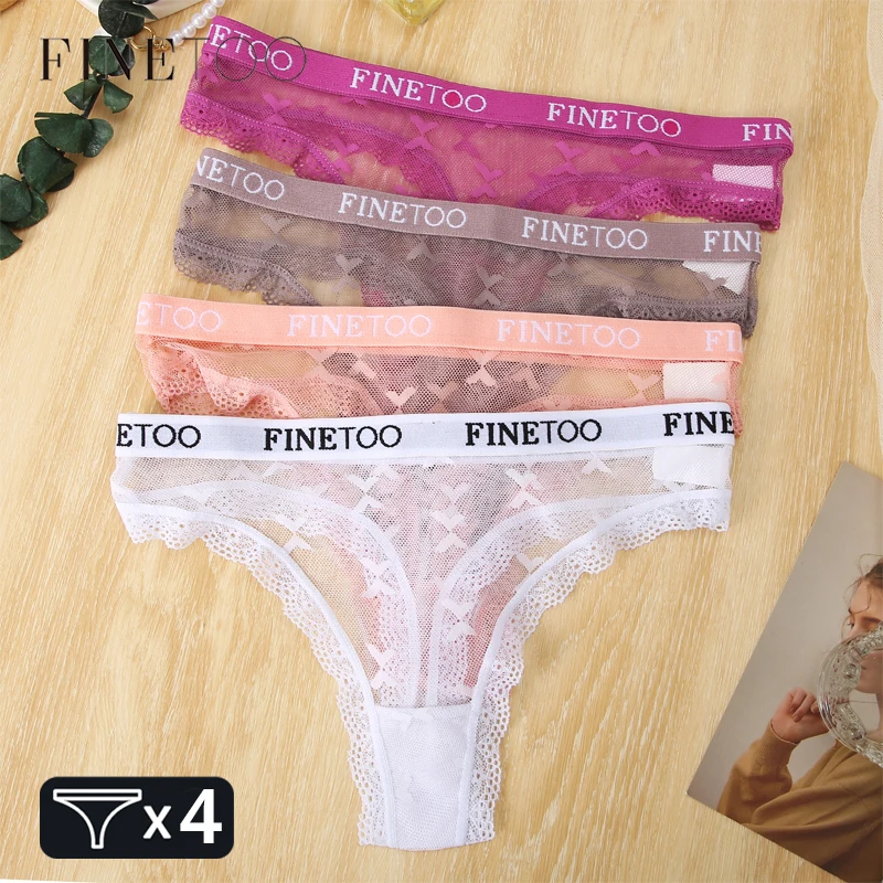 

FINETOO 4PCS Lace Hollow Out Underwear Women's Panties Sexy Low-Waist Breathable Thongs Female Floral G-strings Lingerie T-Back