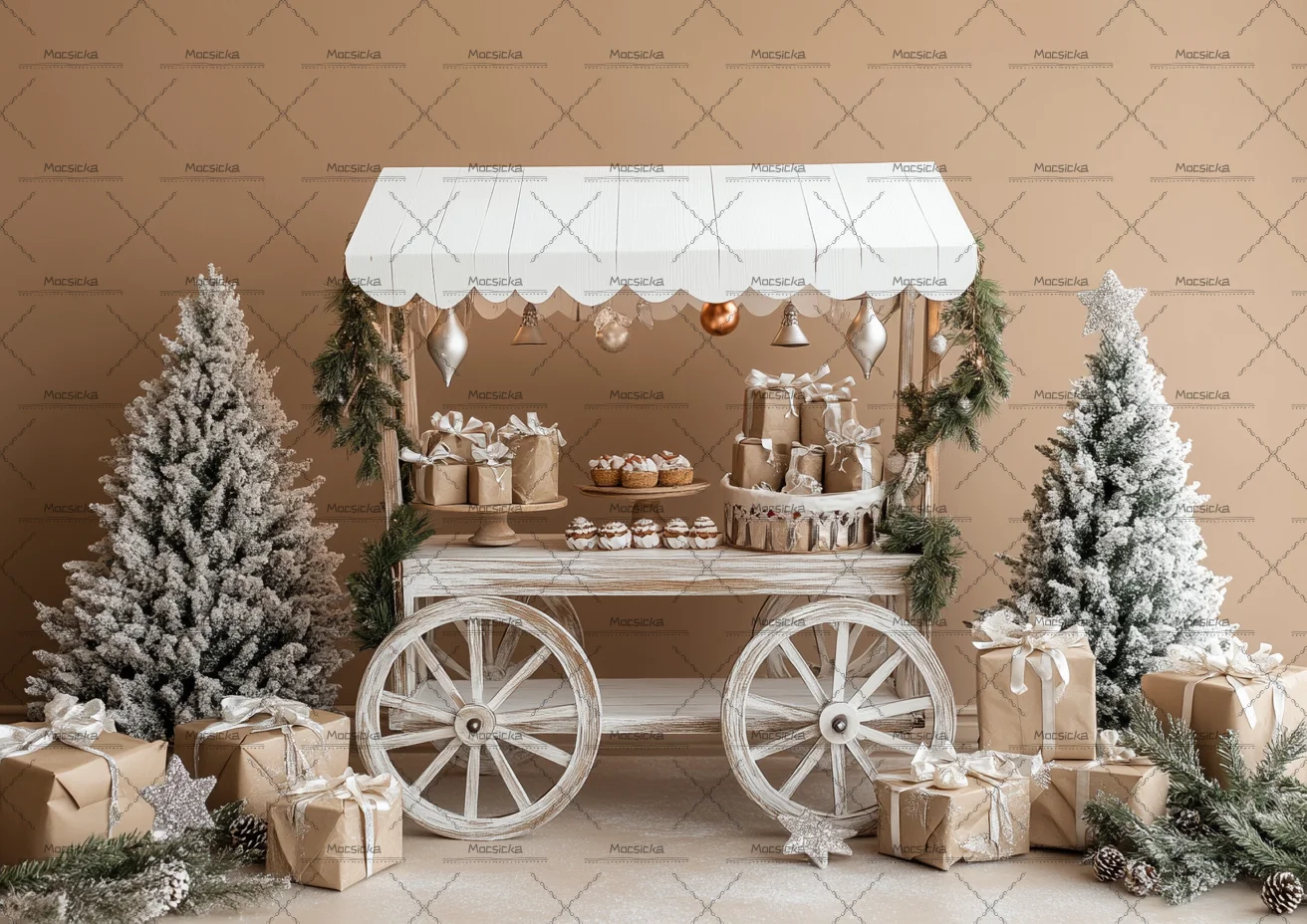 Cream White Candy Cart Christmas Photography Backdrop Flocked Snow Pine Tree Gift Box Retro Lantern Winter Background Prop
