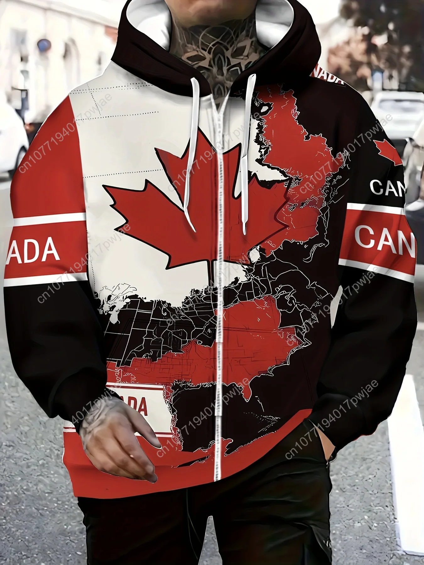 Jaket Musim Dingin Pria dengan Desain Ritsleting Daun Maple - Mantel Luar Ruangan Panjang yang Hangat, Hoodie yang Dapat Dicuci dengan Mesin untuk Musim Gugur & Musim Dingin