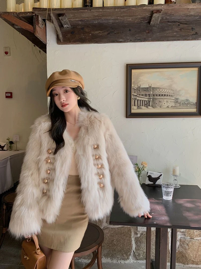 Chic White Women Faux Fur Jacket Pearl Button Coat Collarless Long Sleeve Cropped Loose Luxury Cozy Winter Outerwear Top