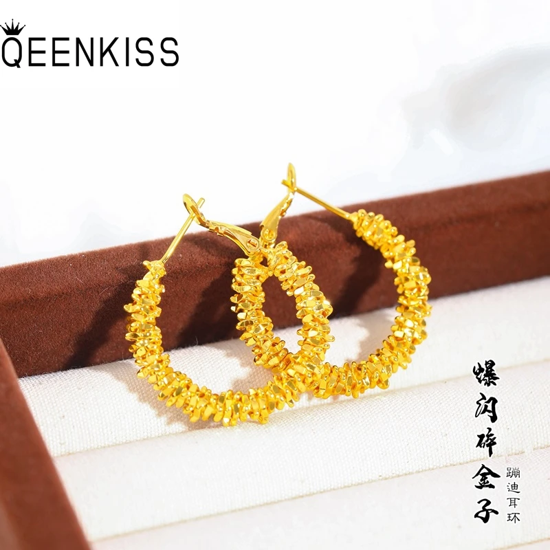 

QEENKISS 24KT Gold Shiny Round Hoop Earrings For Women Wedding Party Birthday Christmas Bride Mother Girl Ladies Gifts EG5525