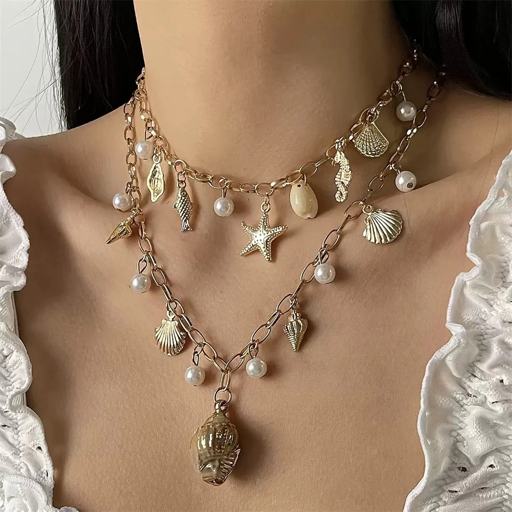 

Summer Marine Biology Sea Star Shell Pearl Pendant Tassel Necklaces For Women Fashion Luxury Metal Necklace Jewelry Accessories