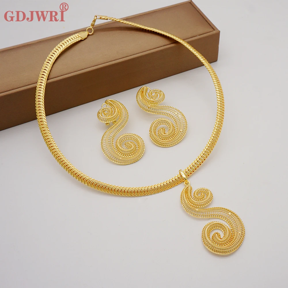 

Trend Dubai Gold Color Plated Jewelry Set For Women Bridal Irregular Necklace Pendant Hanging Dangle Earring Party