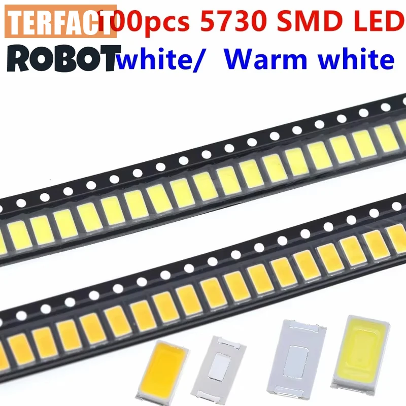100PCS 5730 SMD LED Diodes: 0.5W (5.7×3.0mm), CW/WW (Cool White/Warm White) – 40-60lm, 150mA