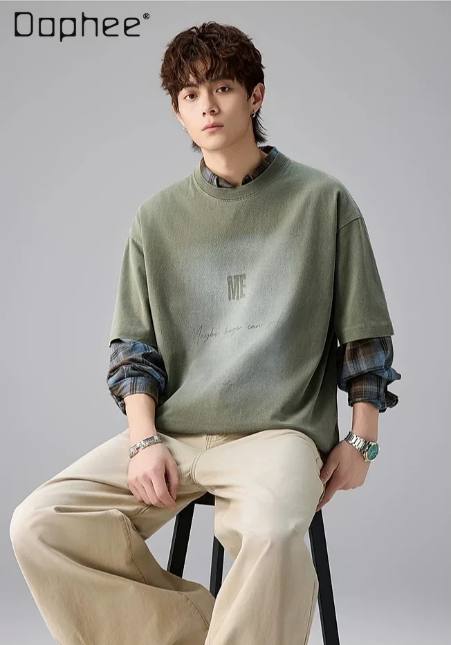 New Summer American Washed Vintage Letter Print Round Neck T-Shirt Men Loose Casual Black Blue Half Sleeve Tee