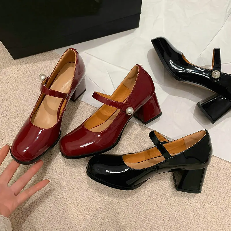 

Genuine Leather Handmade High Quality Luxury Brand Women Mary Janes Shoes Spring Summer Buckle Fashion Women Chunky High Heels