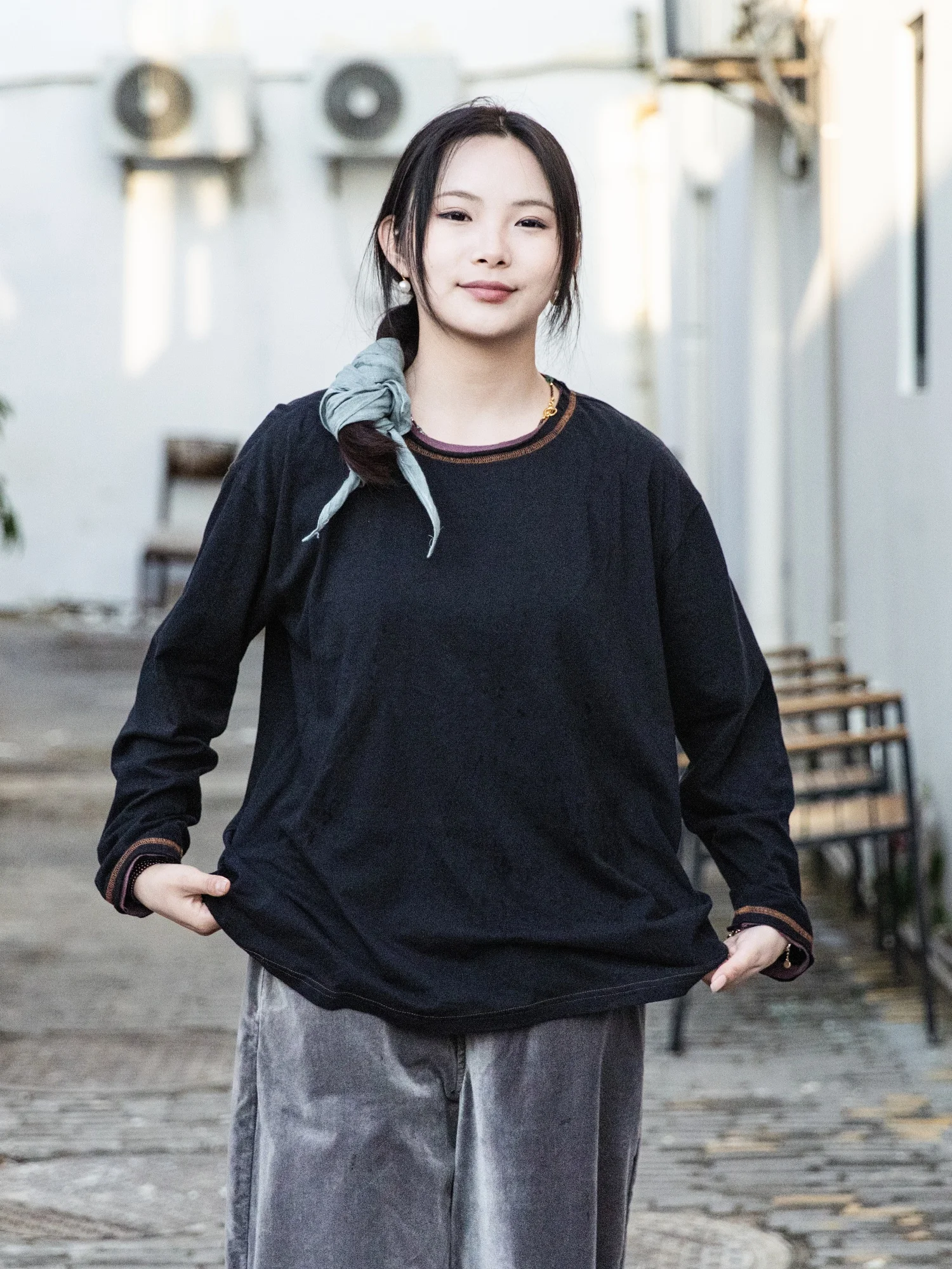 

Женская повседневная трикотажная футболка Wenaci с длинным рукавом, свободного кроя, 100% хлопок, с длинным ворсом, базовая модель, черная