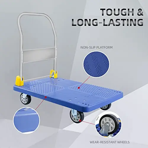 Platform Truck Capacity and 360 Degree Swivel Wheels,Push Hand Cart for Loading and Storage, Blue