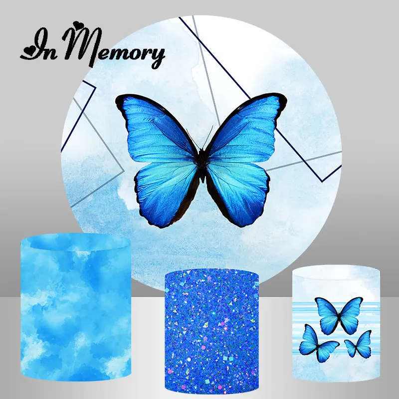 Blue Butterfly Round Backdrop Cover Girls Newbron Baby Shower 1st Birthday Party Background Table Decoration Cylinder Covers