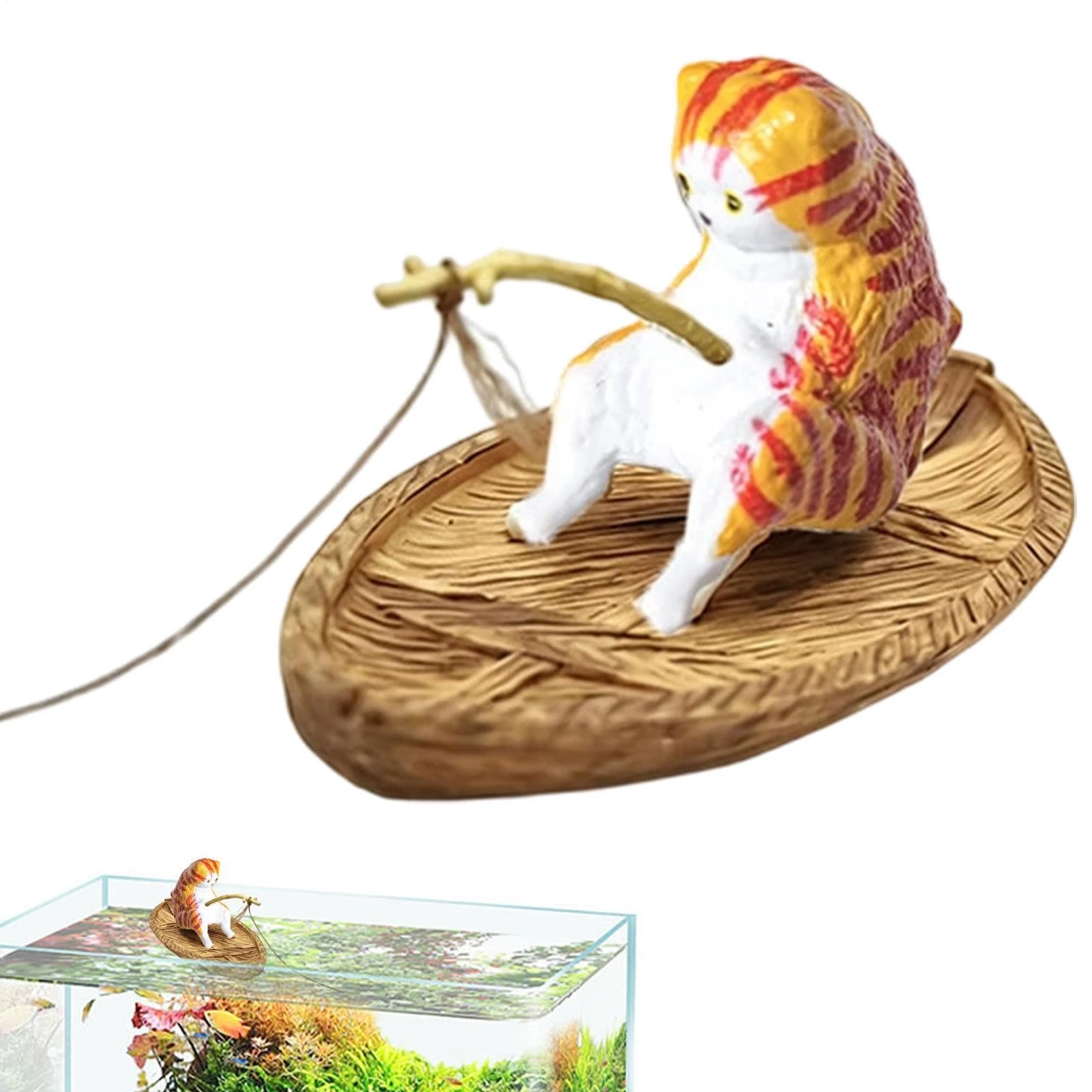 Fish Tank Decor, with Cute Kitten Fishing Design, Aquarium Decorative Resin Figurine, Aquatic Landscape Ornament, for Fish Bowl