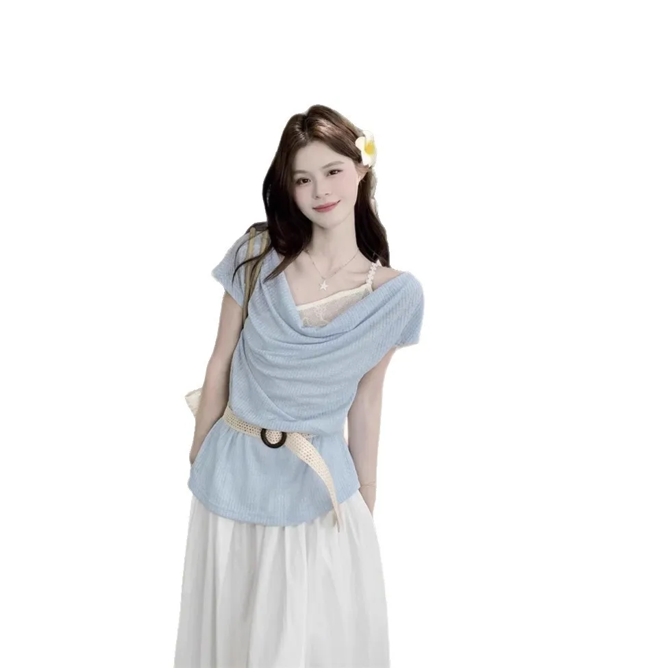 2026 New Summer Women's Gentle Style Off Shoulder Draped Collar Short Sleeve Knit Top Lightweight Layered Outerwear With Unique