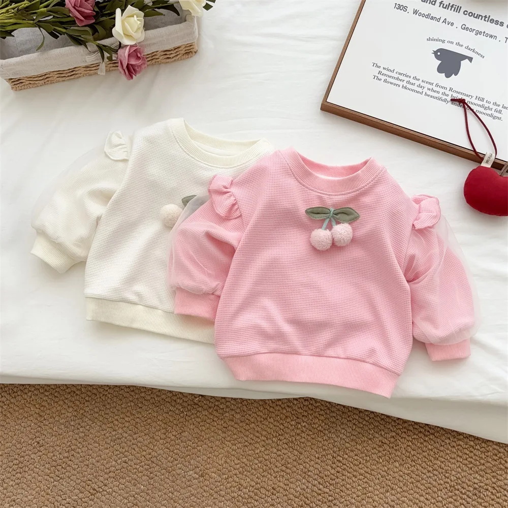 

Autumn Baby Girls Pullovers Cotton Cherry Double Layer Mesh Sleeve Loose Solid Infant Girls Shirts Toddler Girls Sweatshirts